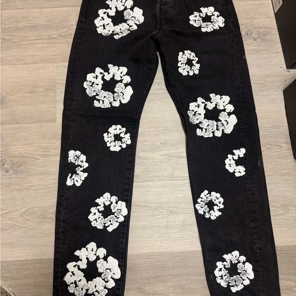 Denim tears: Men's Black and White Graphic Straight Leg Jeans